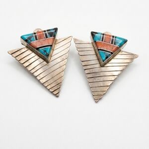 Mike Thomas Navajo Sterling Silver Inlay Triangle Earrings 1990s
